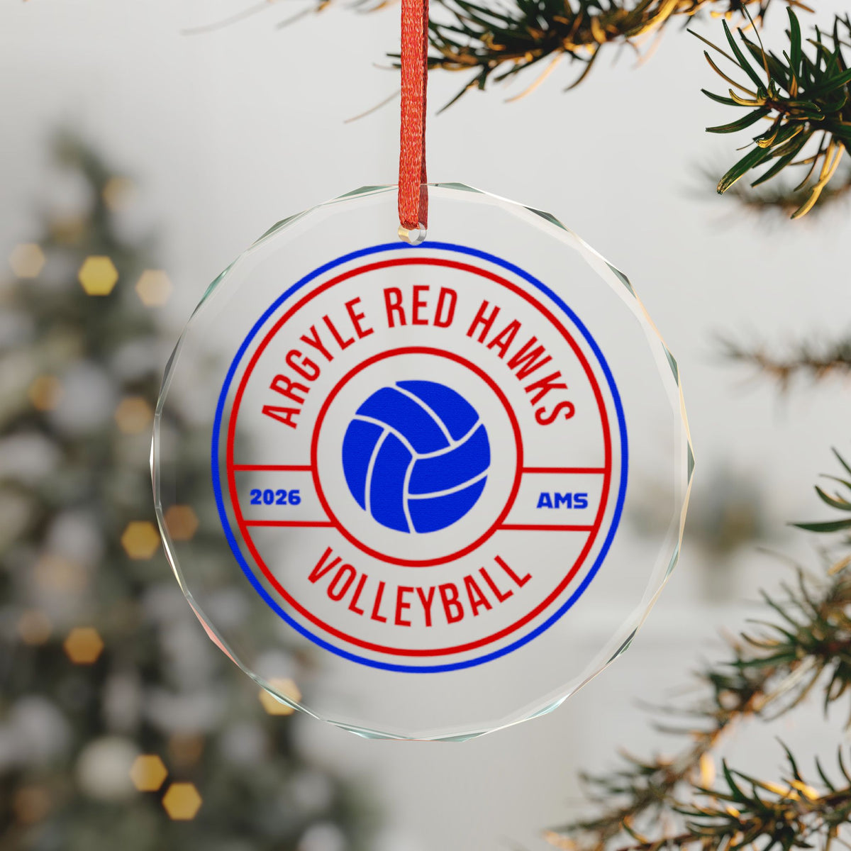 Argyle AMS Red Hawks Volleyball Glass Ornament