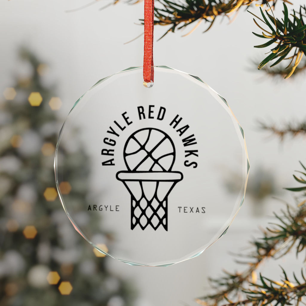Argyle Red Hawks Basketball Glass Ornament
